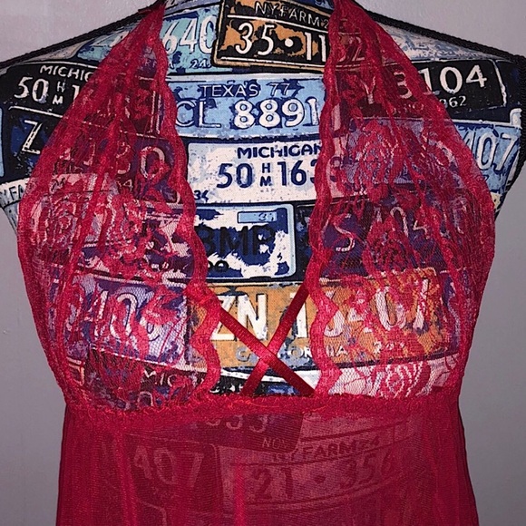 Plunge Neck Red Lace Babydoll w/ Matching Bottoms - Picture 5 of 5